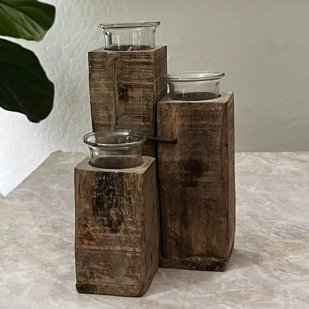 Rustic Square Wood Glass Tealight Holder 10.5